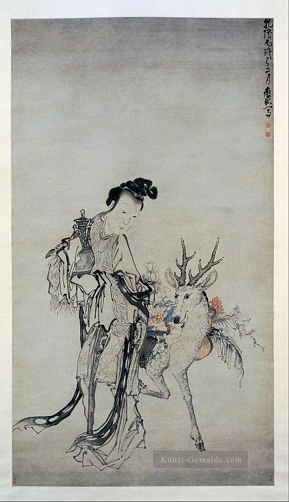 ma gu halten eine Vase mit einem Hirsch 1766 Huang Shen traditionellen Chinesen Ölgemälde